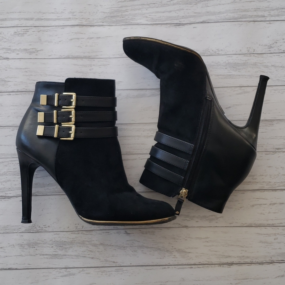 SAM & LIBBY BLACK Suede Leather w/3 Gold Buckle High Heel Ankle Booties,Size 8.5